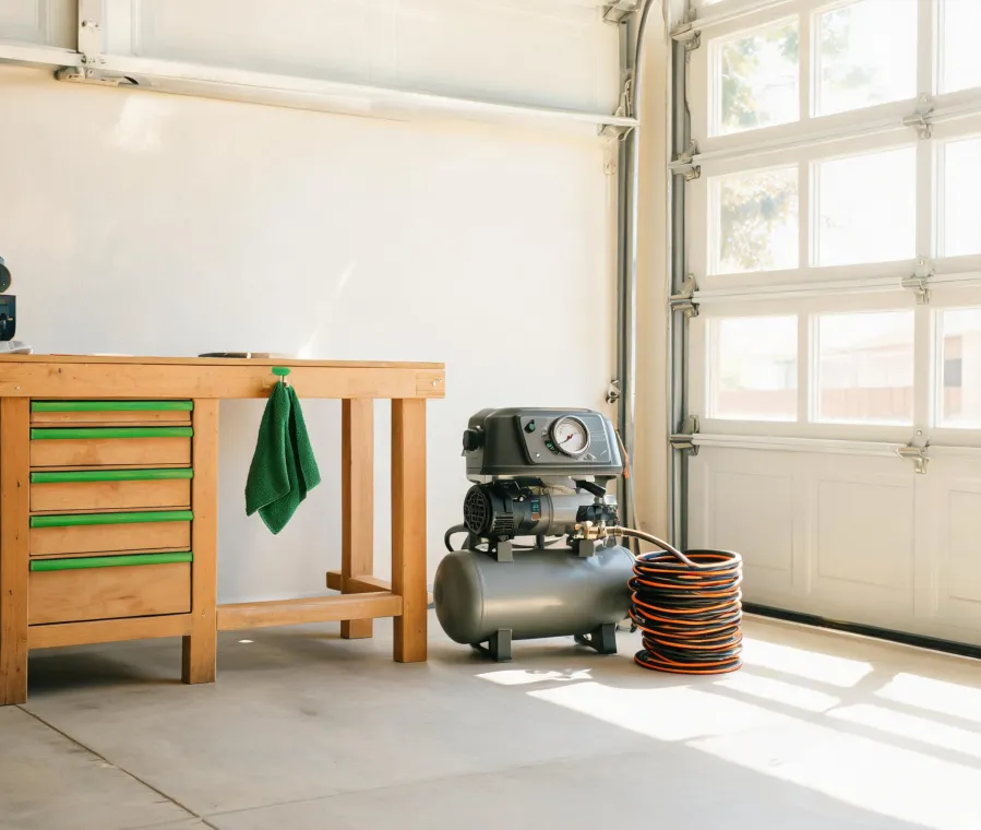 Quiet air compressor in a tidy workshop